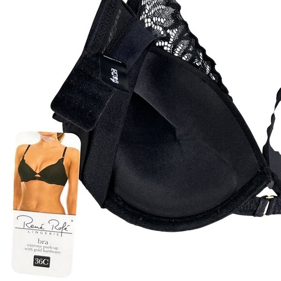 Rene Rofe NWT 36C Black Lace Extreme Push-Up Bra Gold Hardware Coquette Vampy - Picture 9 of 14